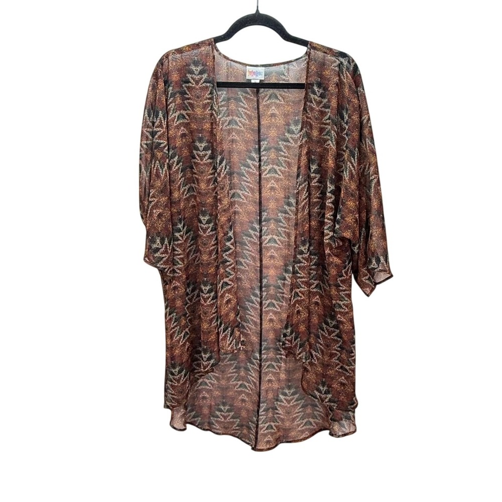 LuLaRoe Kimono Wrap Size M Brown Geometric Tribal Print Mesh Open Front Cardigan